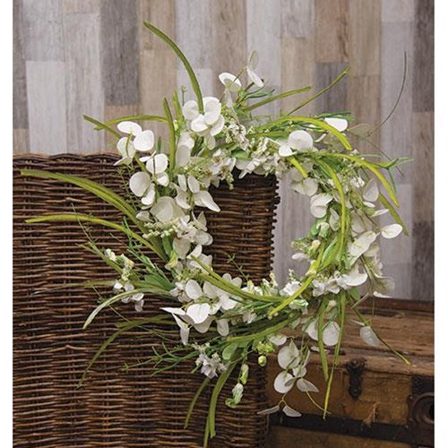 White Wild Flowers and Silver Dollar 22" Faux Floral Wreath