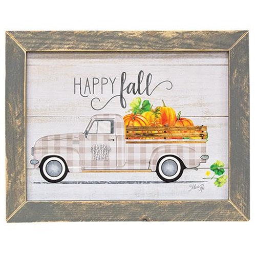 Happy Fall Buffalo Checked Pickup Truck of Pumpkins Framed Print