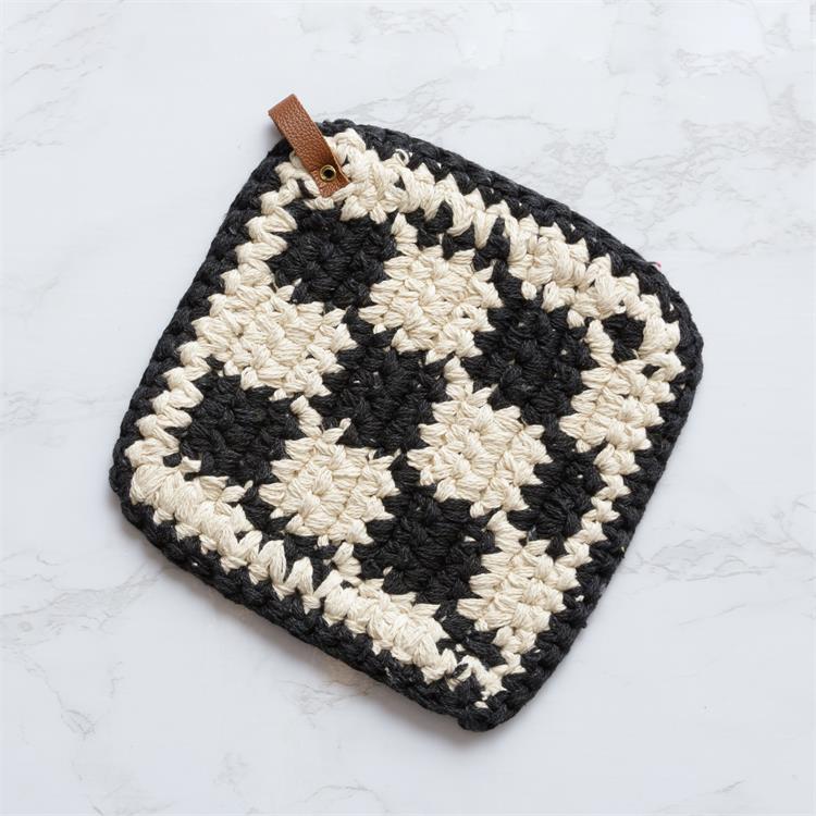 Crocheted Black And Cream Checked Pot Holder