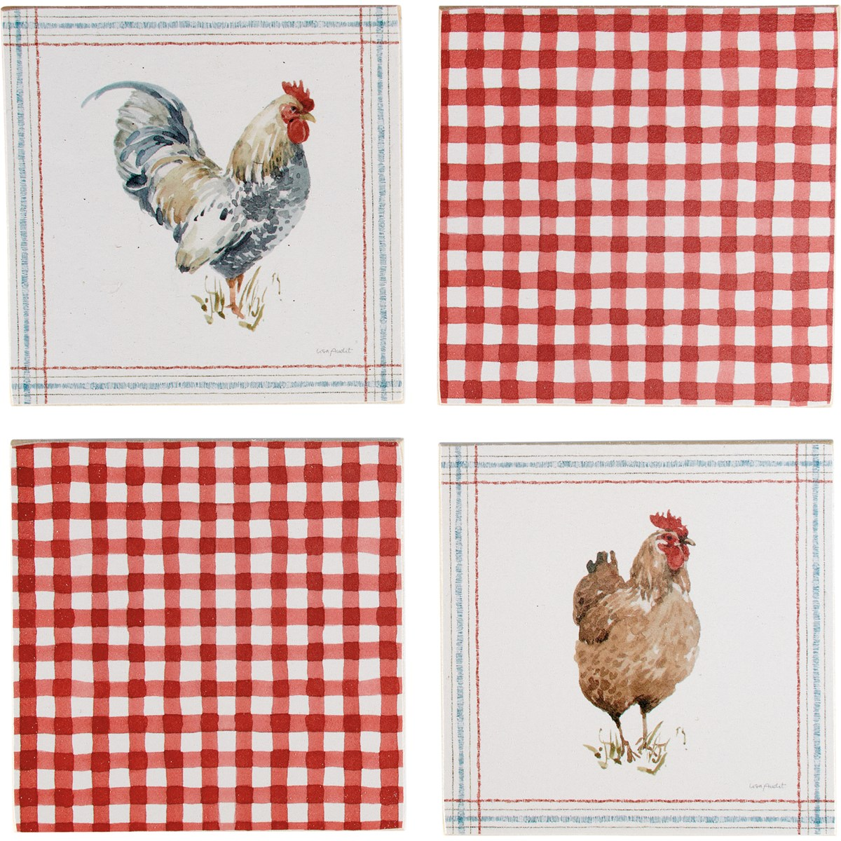 💙 Set of 4 Roosters and Red Gingham Coaster Set