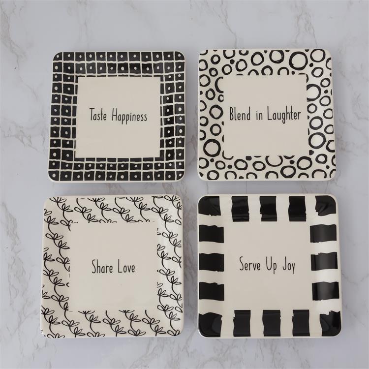 Set of 4 Black and White Festive Words Square Appetizer Plates