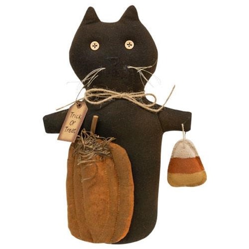 Trick or Treat Halloween Black Cat Doll With Candy Corn