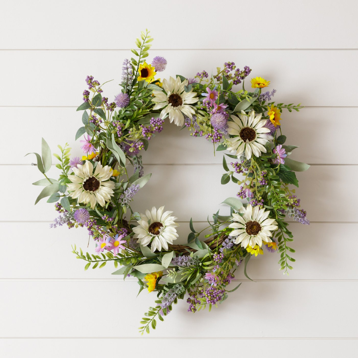 Cream Daisies with Lavender And Yellow Faux Florals 21" Wreath