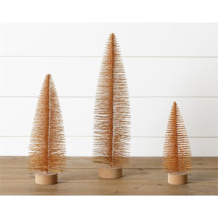 Set of 3 Frosted Rust Glitter Bottle Brush Trees with Wood Base