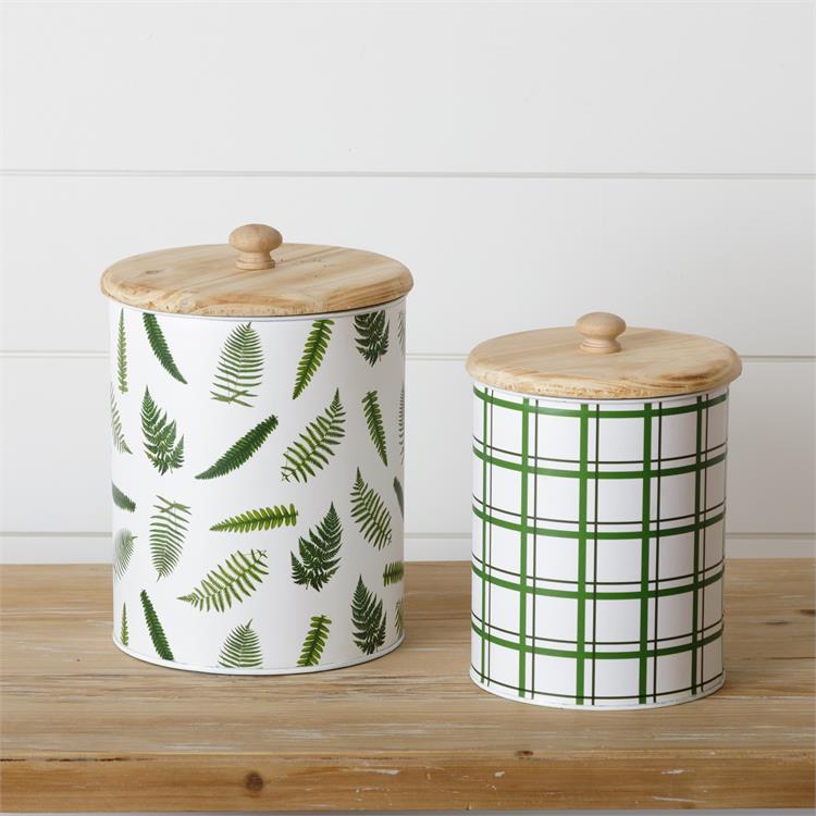 Set of 2 Ferns and Stripes Tin Canisters with Wood Lids