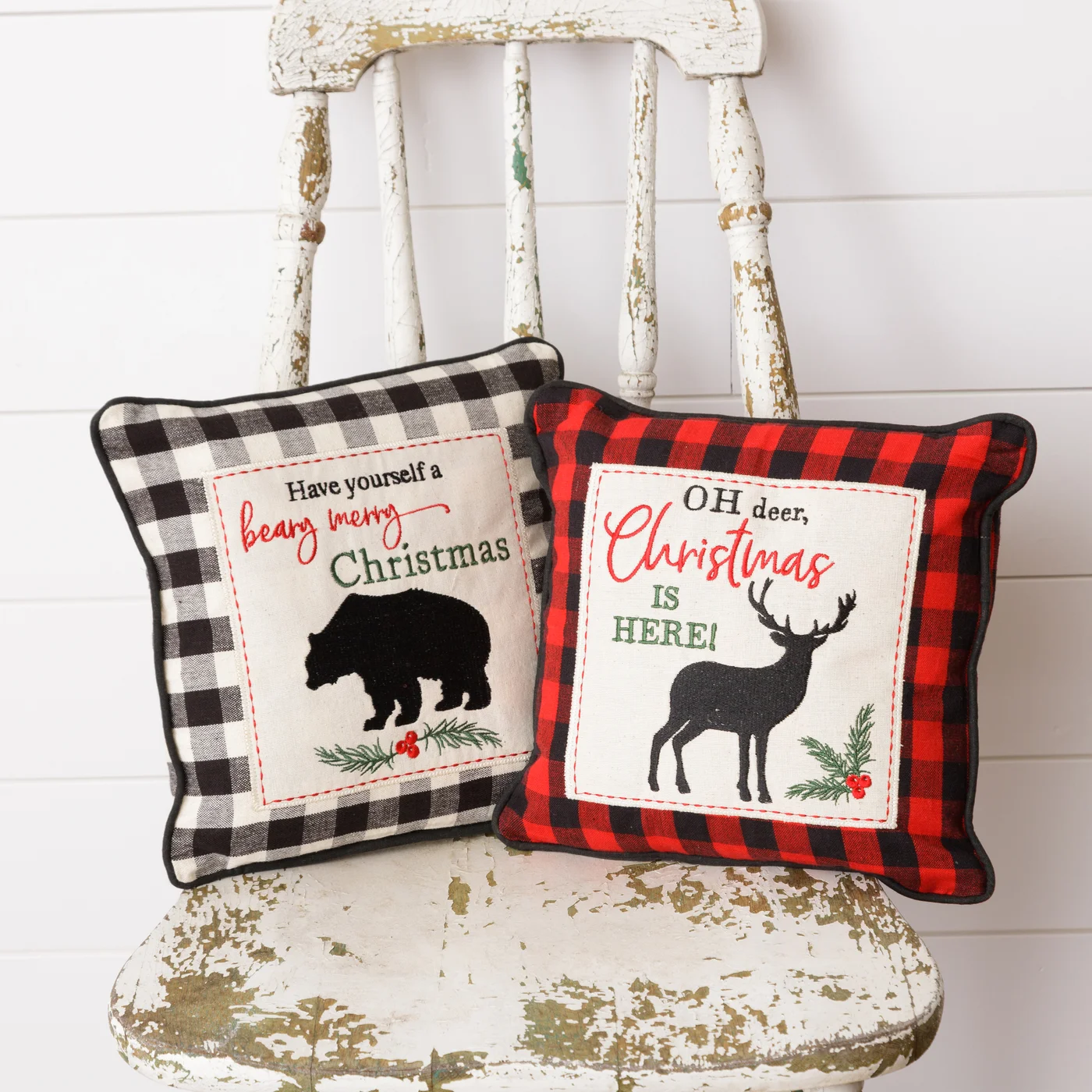 Set of 2 Deer And Bear Christmas Buffalo Check 11" Pillows