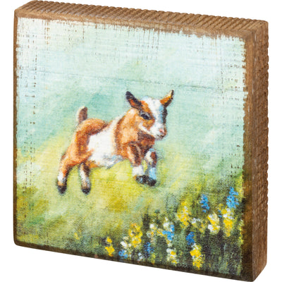 Jumping Baby Goat in Flower Field Block Sign