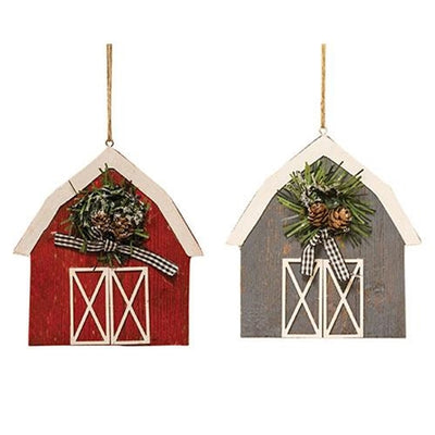 💙 Set of 2 Red and Grey Barn with Wreath Ornaments