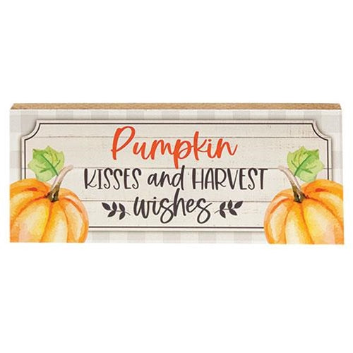 Pumpkin Kisses and Harvest Wishes 10" Wooden Block Sign