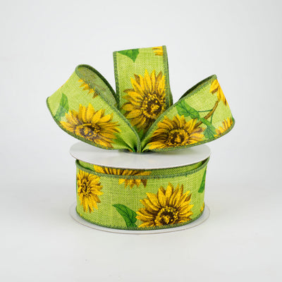 Sunflower on Lime Green Ribbon 1.5" x 10 yards