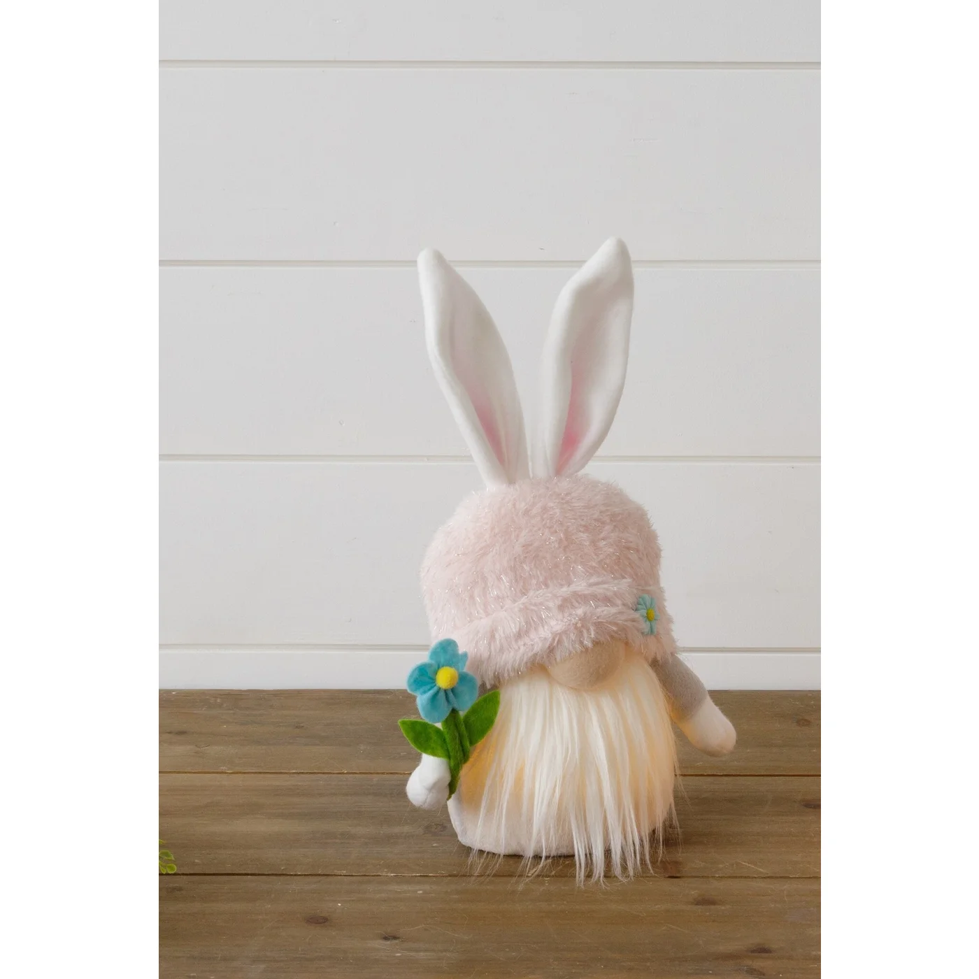 Lighted Bunny Gnome Holding Blue Flower 11" H
