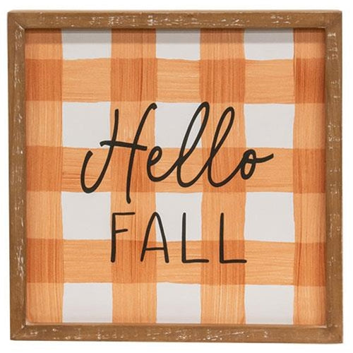 Hello Fall Orange Gingham 12" Wood Sign