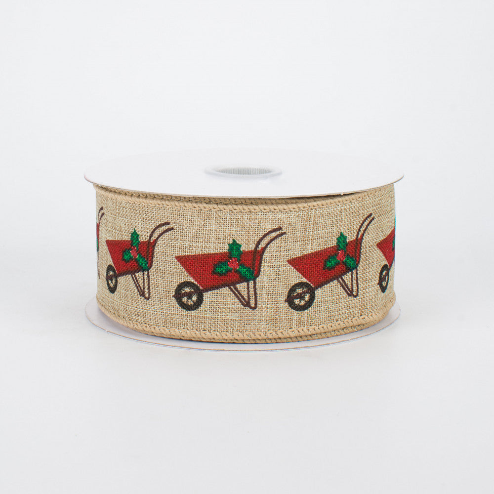 💙 Christmas Wheelbarrow Natural Ribbon 1.5" x 10 yards