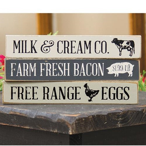 Set of 3 Farmhouse Animals Mini Stick Blocks - Bacon Eggs Milk