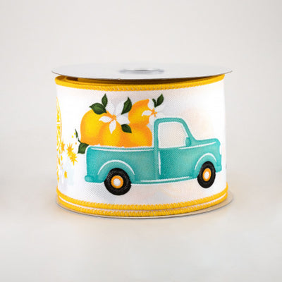 💙 Teal Truck With Lemons on White Ribbon 2.5" x 10 yards