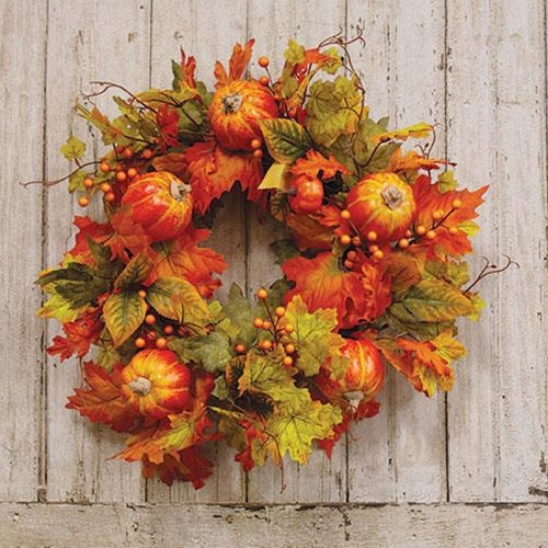Fall Leaves Berries & Pumpkins 18" Faux Wreath
