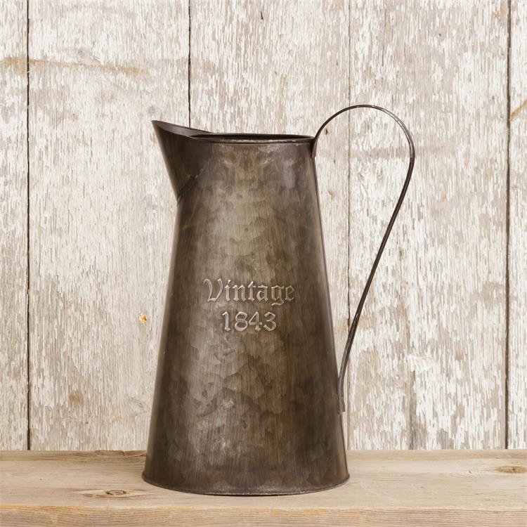 Rustic Style Tin Pitcher Embossed Vintage 1843