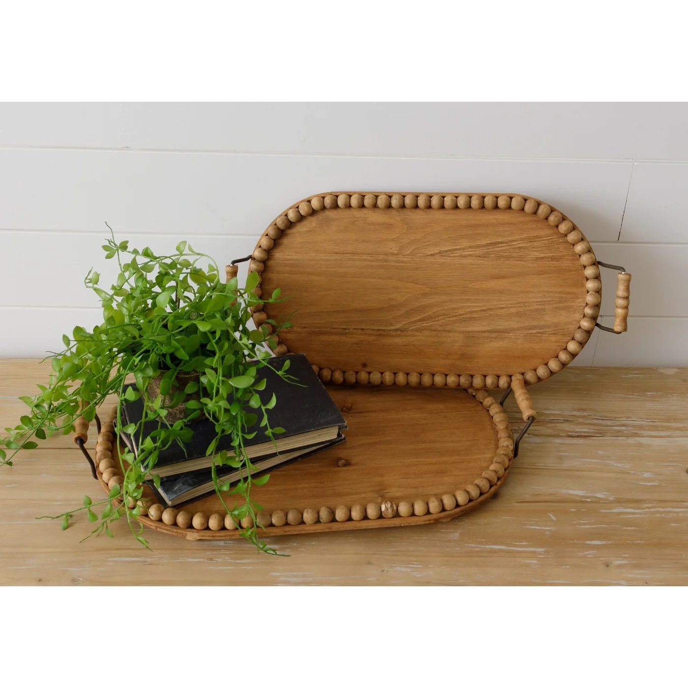 Set o 2 Modern Farmhouse Oval With Beaded Edge Wood Trays