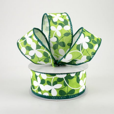 💙 Green and White Clovers St Patrick's Day Ribbon 1.5" x 10 yards
