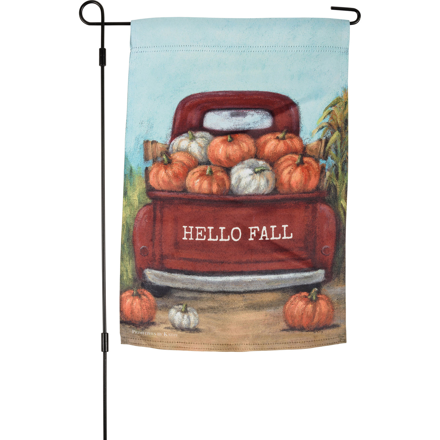 💙 Hello Fall Garden Flag Red Truck Pumpkins