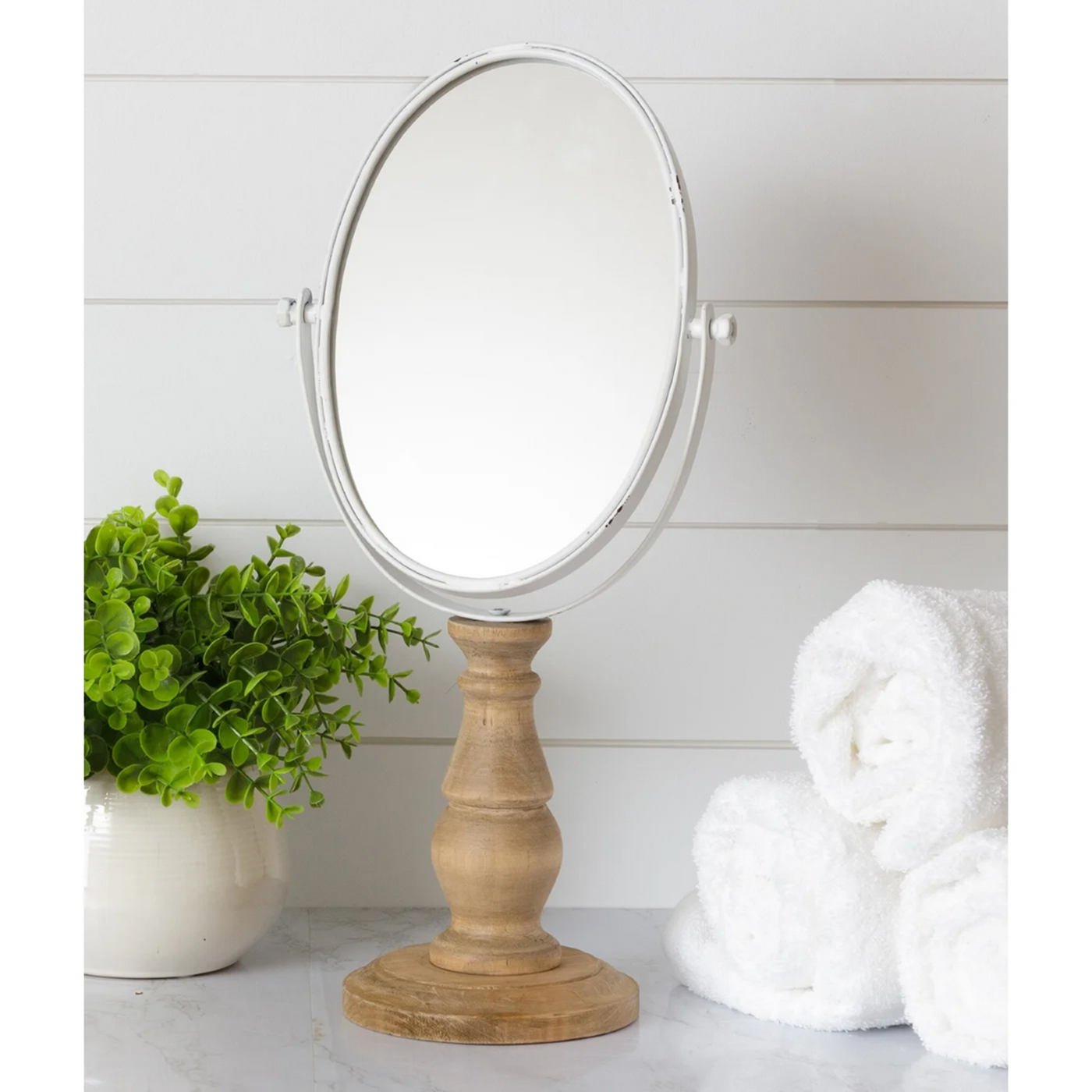 Tabletop Oval Mirror With Wooden Base
