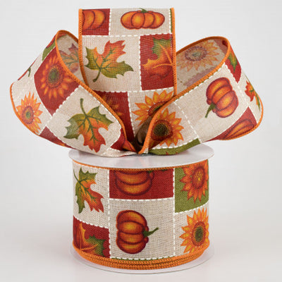 💙 Pumpkin Sunflower Maple Leaf Patchwork Squares Ribbon 2.5" x 10 Yards