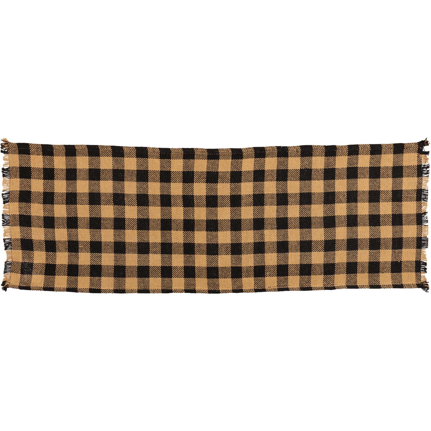 Burlap Black And Tan Check Fringed Table Runner 13" x 36"