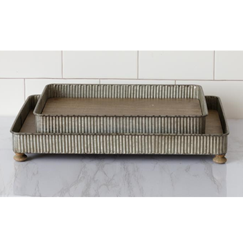 Set of 2 Farmhouse Corrugated Metal Trays with Wooden Feet