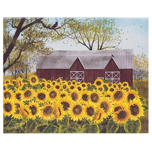 Sunny Sunflowers Red Barn Stretched 8" x 10" Canvas