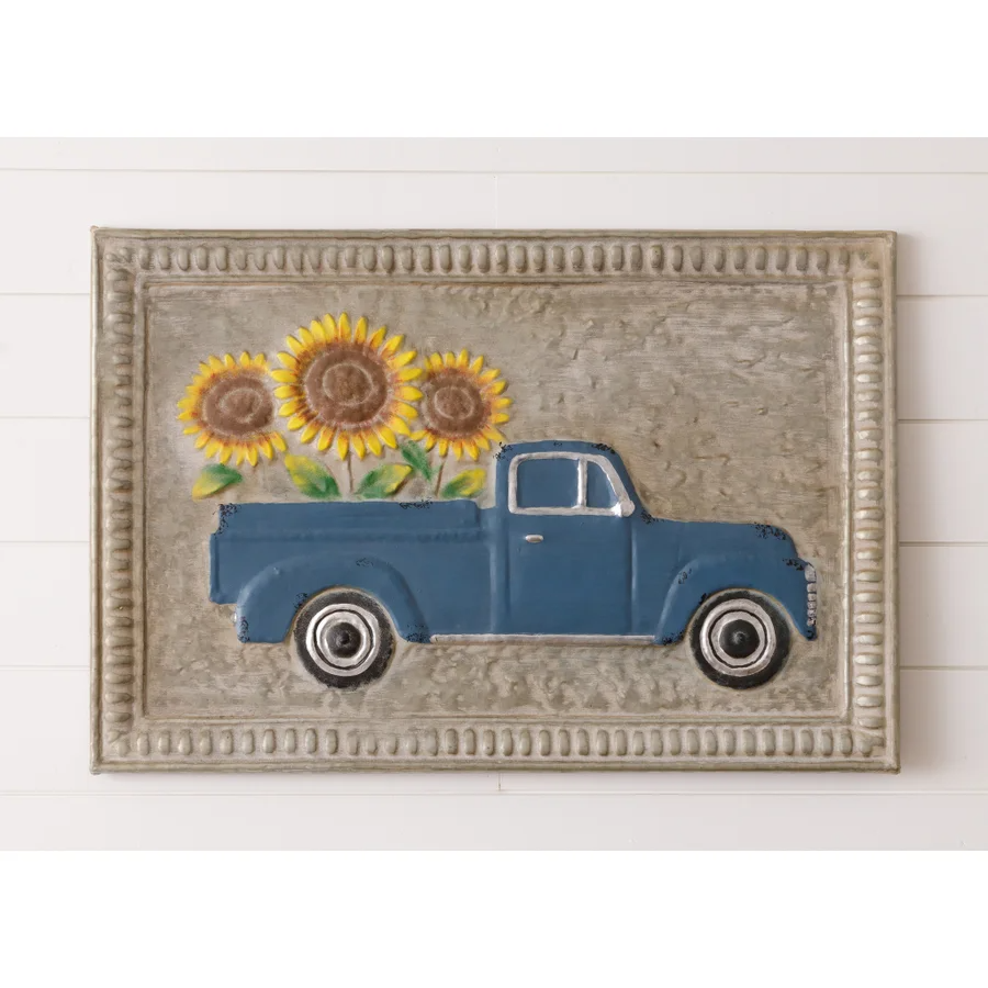 Embossed Blue Truck With Sunflowers Wall Hanging