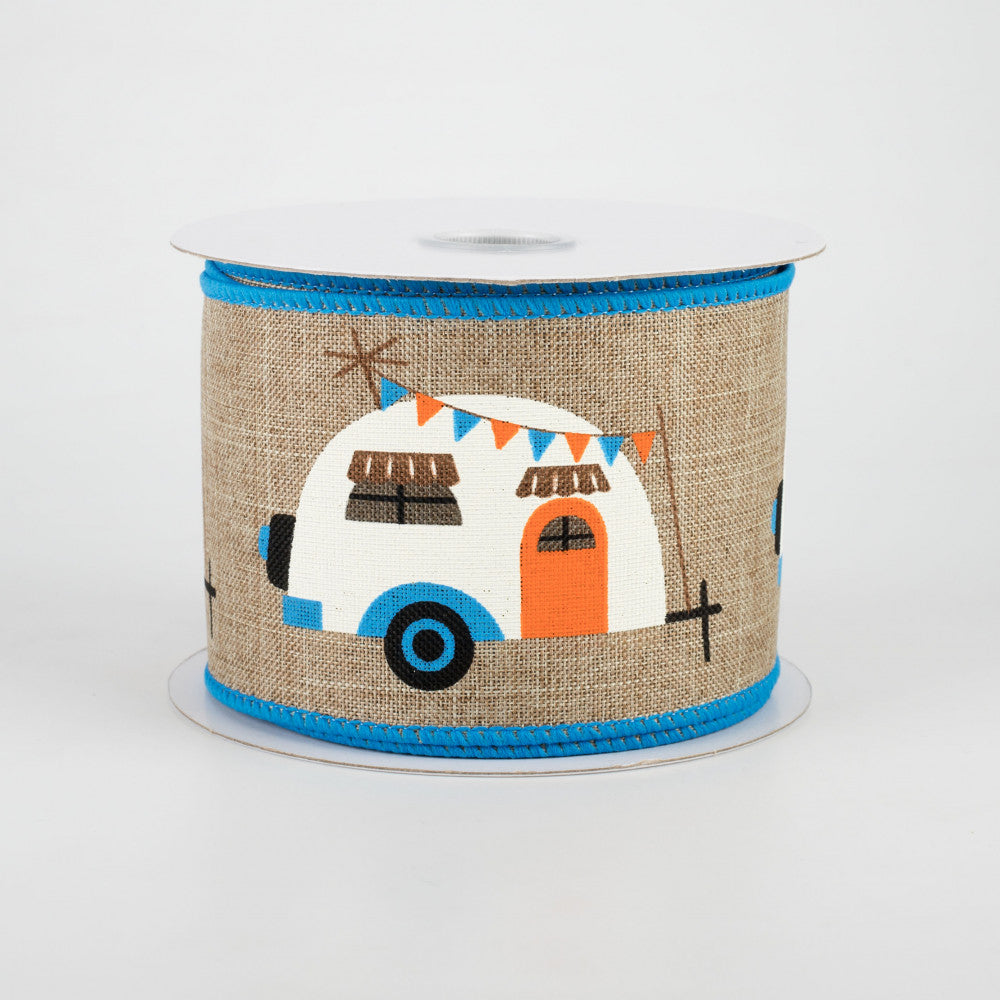 Retro Camper Ribbon, Blue & Orange on Natural 2.5