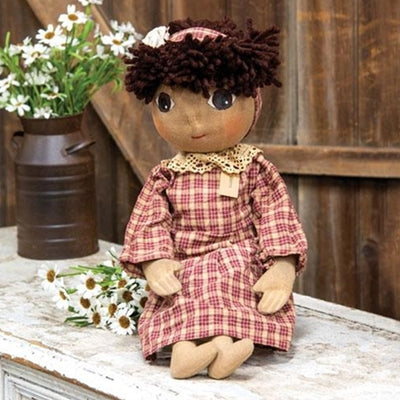 Sierra Primitive Plush Doll in Burgundy Tan Plaid Dress