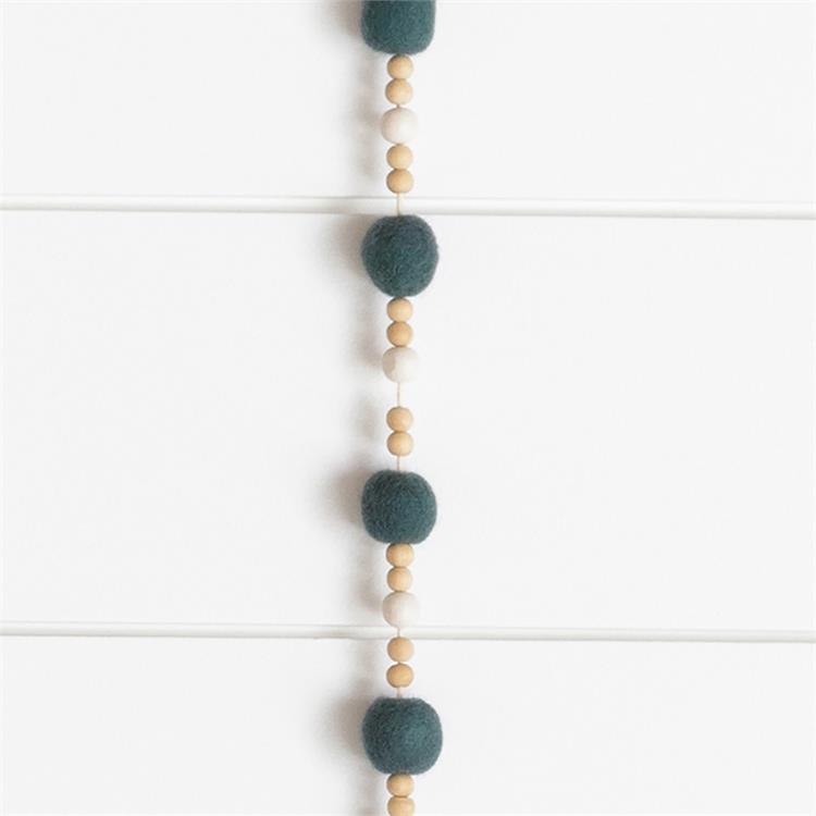 Green Felt Balls And Wood Beads 72" Garland