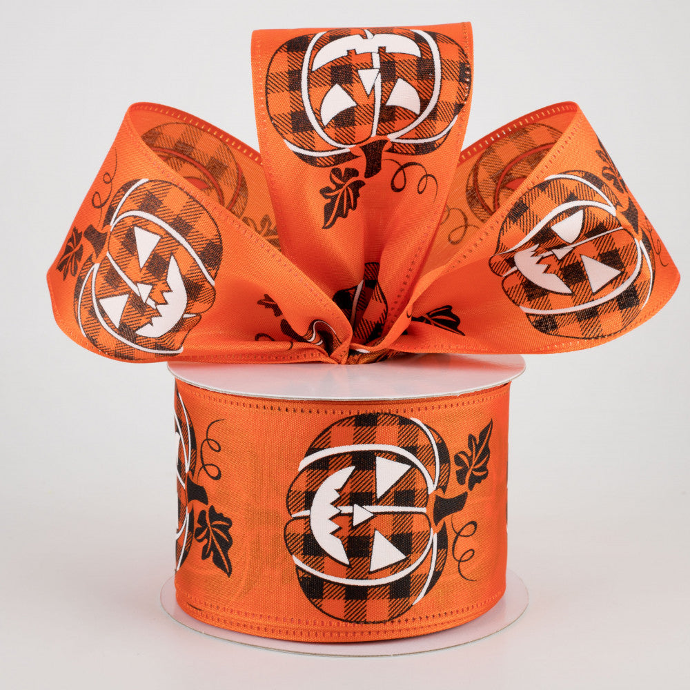 💙 Orange Satin Buffalo Plaid Jack O Lantern Ribbon 2.5" x 10 yards