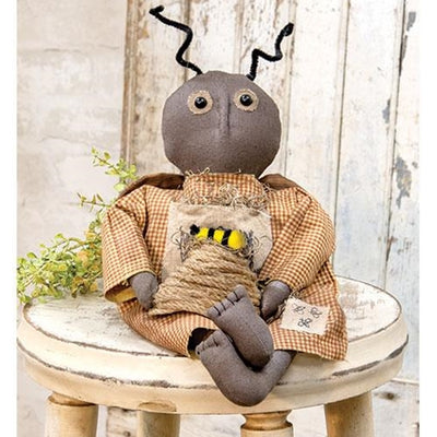 Primitive Bee Dressed Doll Holding a Bee Skep