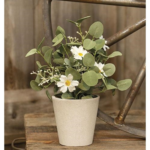 💙 White Flowers and Foliage Faux Flowers in Cement Pot