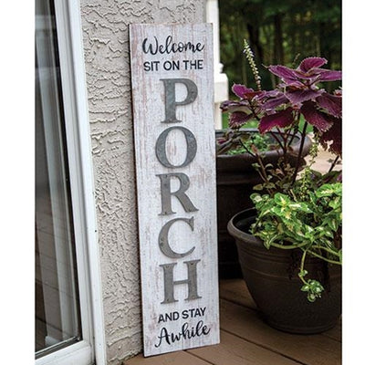 Welcome Sit On The Porch And Stay Awhile Distressed 30" Wood Sign