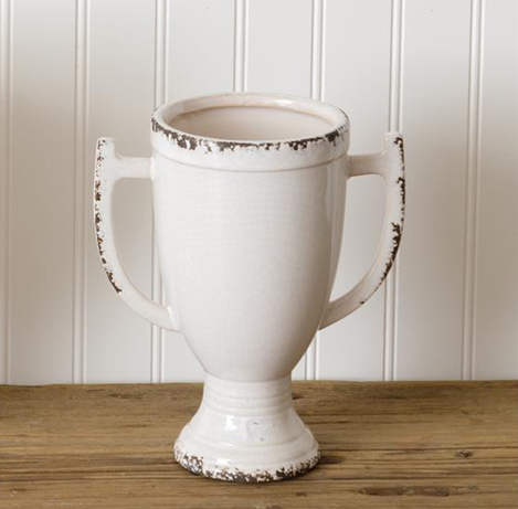 Cream Distressed Trophy Urn 8.5" H Vase