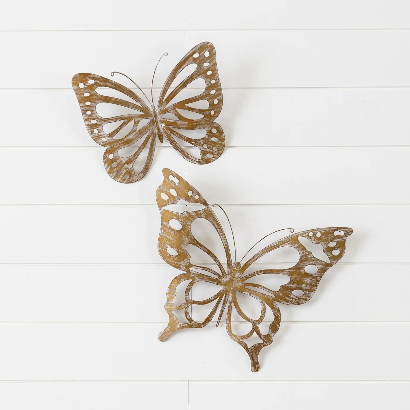 Set of 2 Gold Distressed Butterfly Metal Wall Hangings
