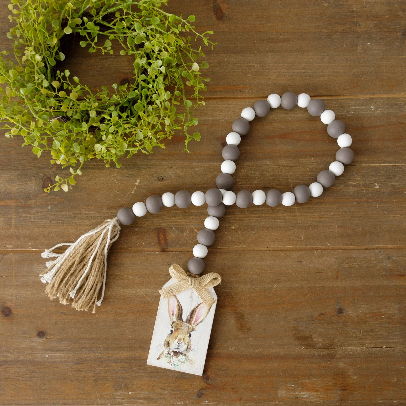 Rustic Bunny Tag on Grey & White Farmhouse Beads