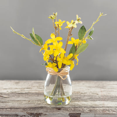 💙 Forsythia and Greens 6" Faux Florals in Glass Vase