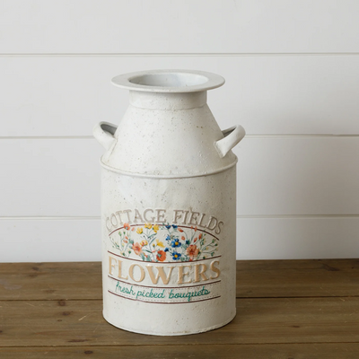 Cottage Fields Flowers Painted Distressed Milk Can