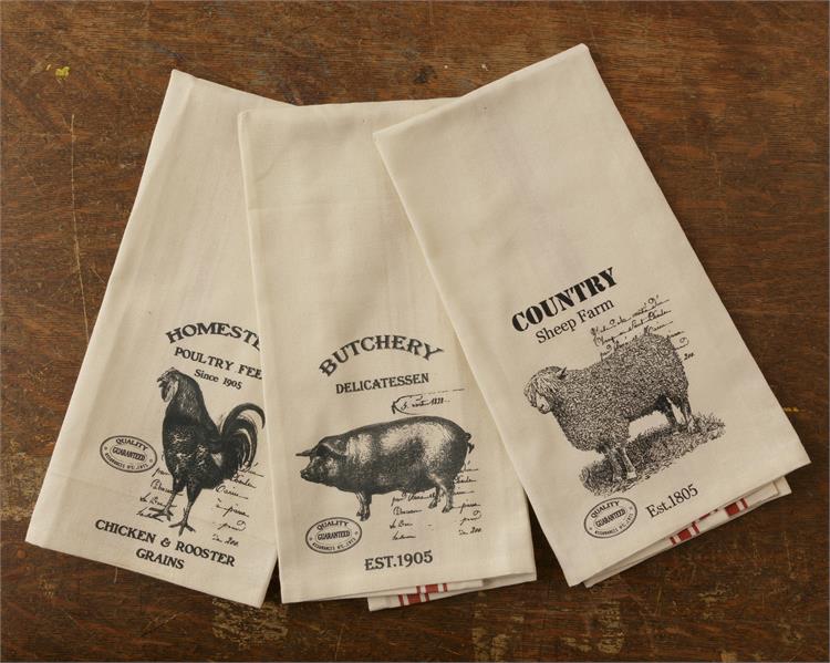 Set of 3 Illustration Farm Animals Tea Towel Set - rooster, pig, sheep