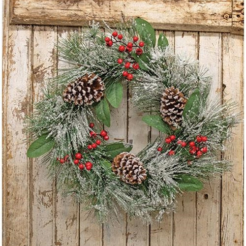 Snowy Long Needle Pine & Berry 18" Faux Evergreen Wreath
