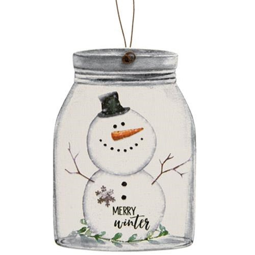 💙 Merry Winter Snowman Mason Jar Shaped Wooden Ornament