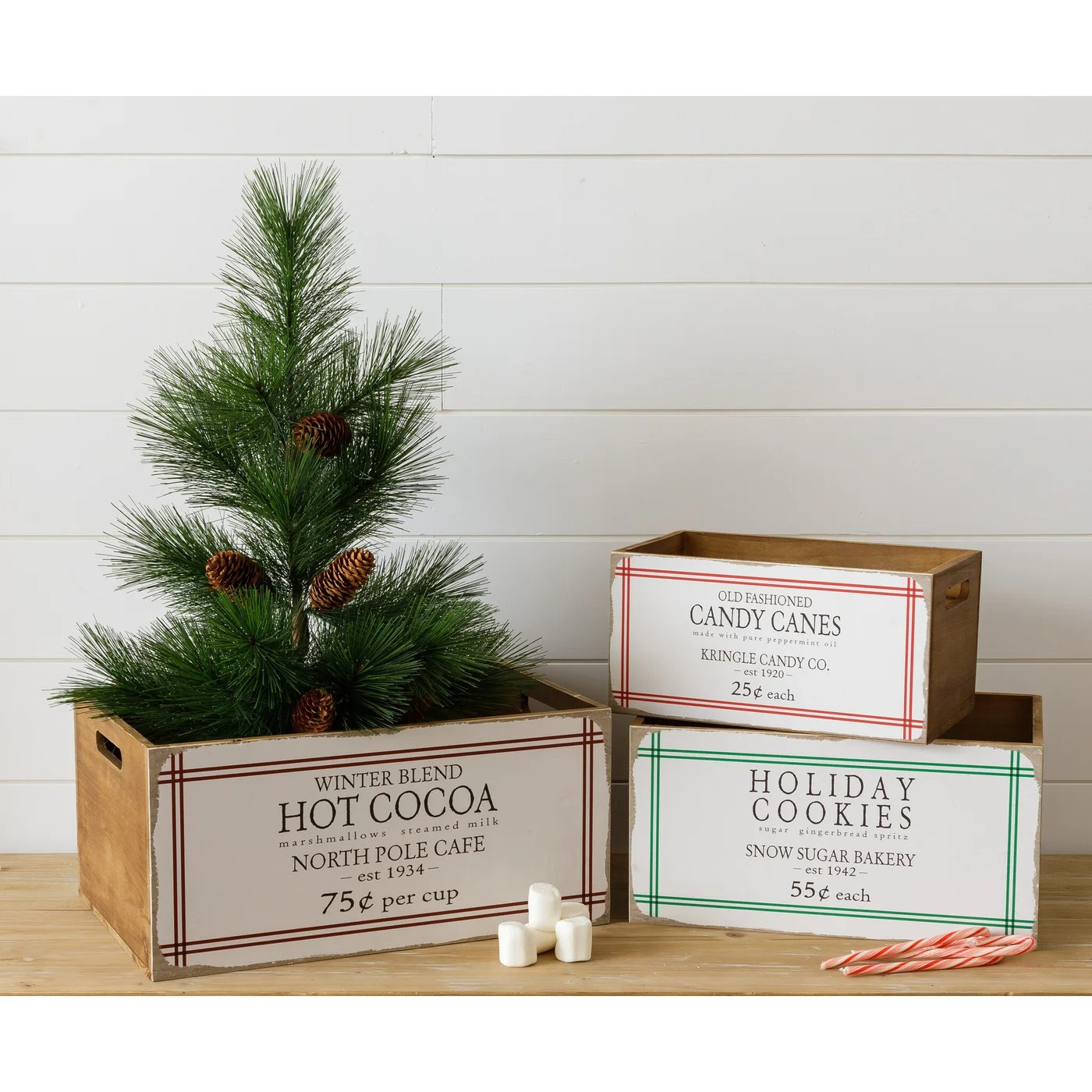 Set of 3 Christmas Crates Hot Cocoa Holiday Cookies & Candy Canes