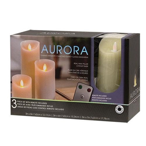 Set of 3 Aurora Dancing Flame Timer Pillar Candles