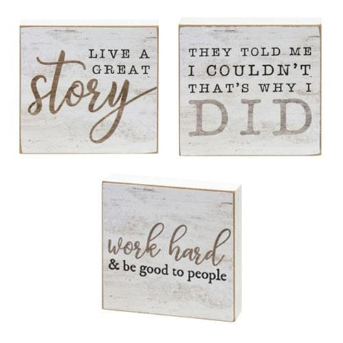 💙 Set of 3 Live A Great Story Work Hard Square Block Signs
