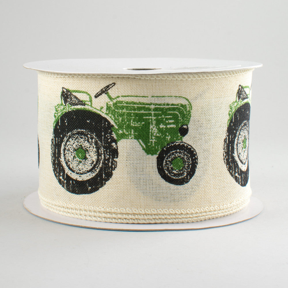 Green Tractor Ribbon with Cream Background 2.5" W x 10 yards