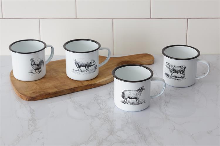 Set of 4 Enamelware Farm Animal Mugs